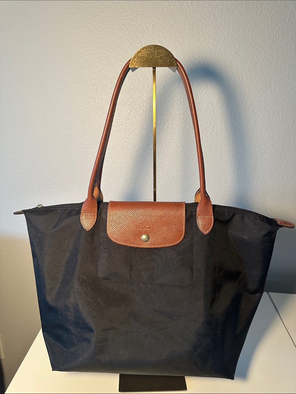 Longchamp Le Pliage Black Tote Shoulder Bag with Brown Leather Trim